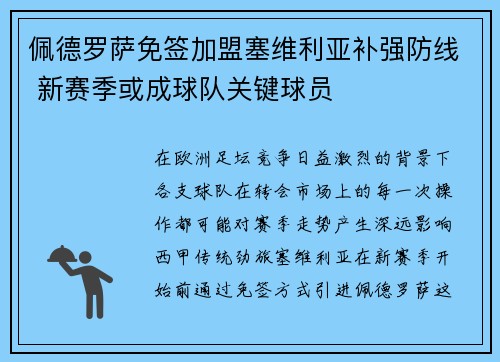 佩德罗萨免签加盟塞维利亚补强防线 新赛季或成球队关键球员
